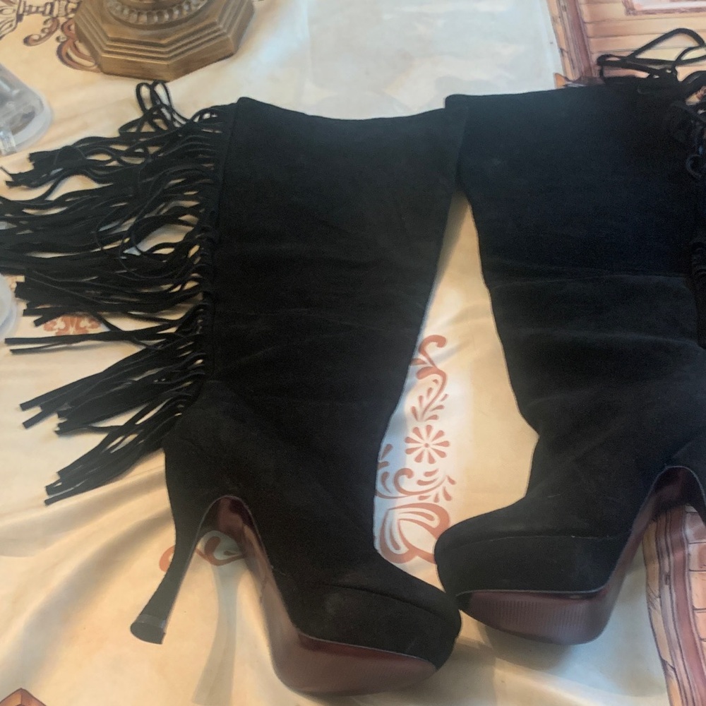 Mojo Moxy Black Fringe Heeled Boots